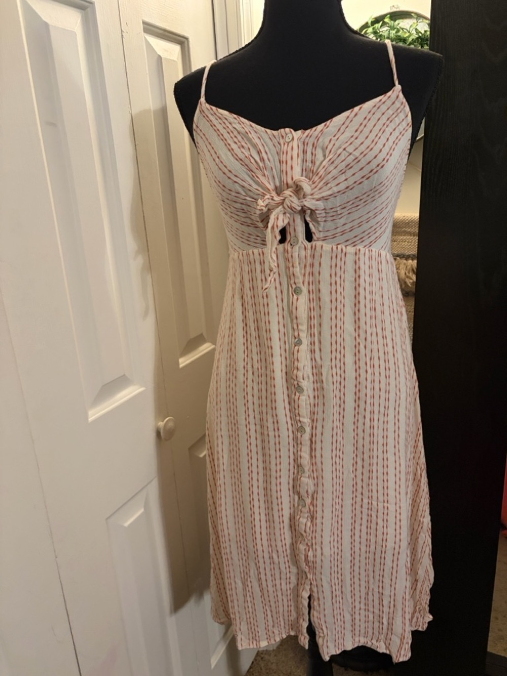 ILLA ILLA Cream and Burnt Orange Striped Tie-Front Midi Dress